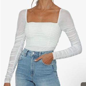 White mesh square neck long sleeve top